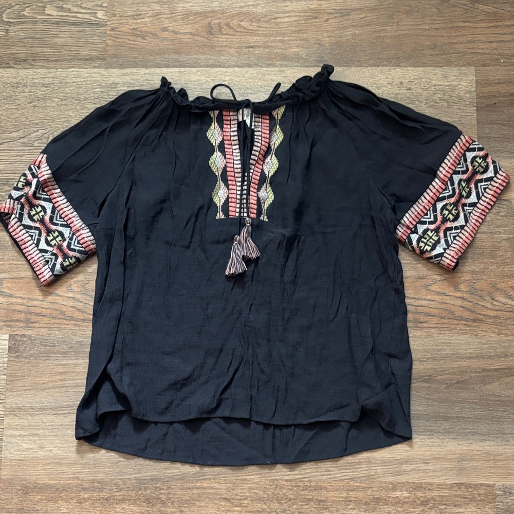 Boho Navy and Pink Flowy Embroidered Women's Blouse